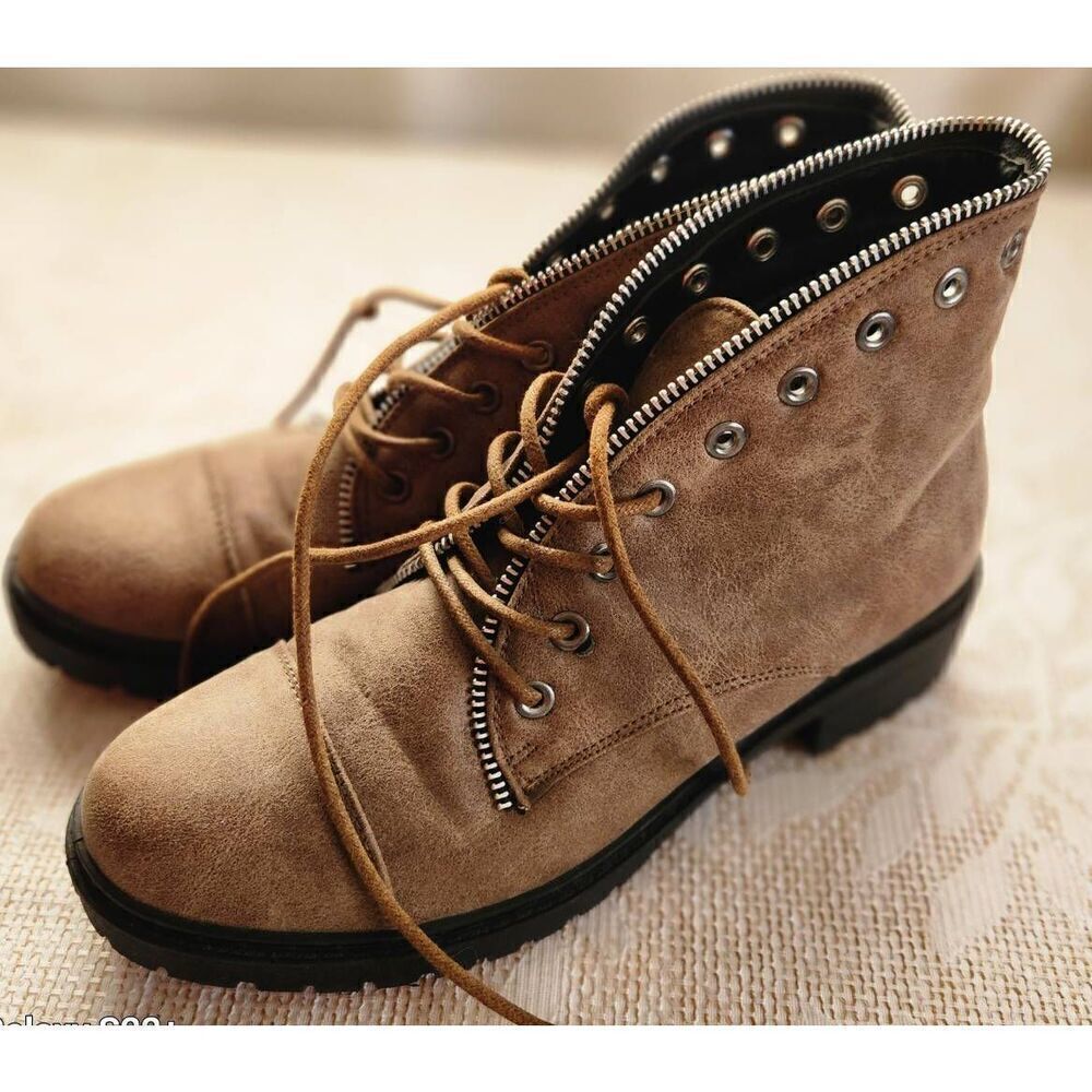 Qupid stylish brown outdoor hiking ankle boot w/zipper & eyelet lace-up accents